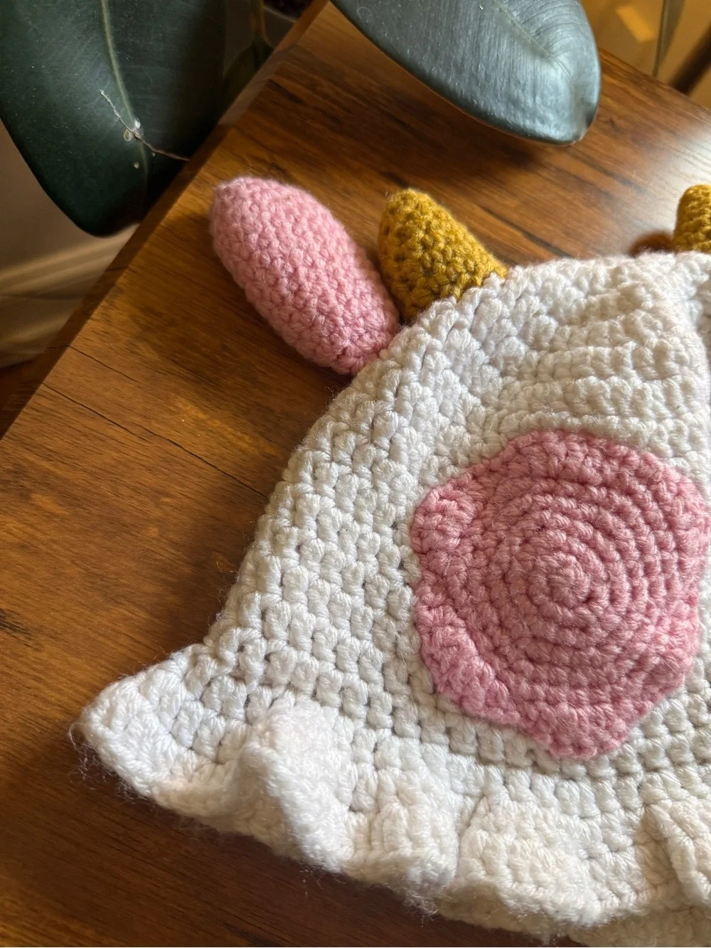 Handmade Crochet Unicorn Hat - Cream with Pink and Mustard Accents